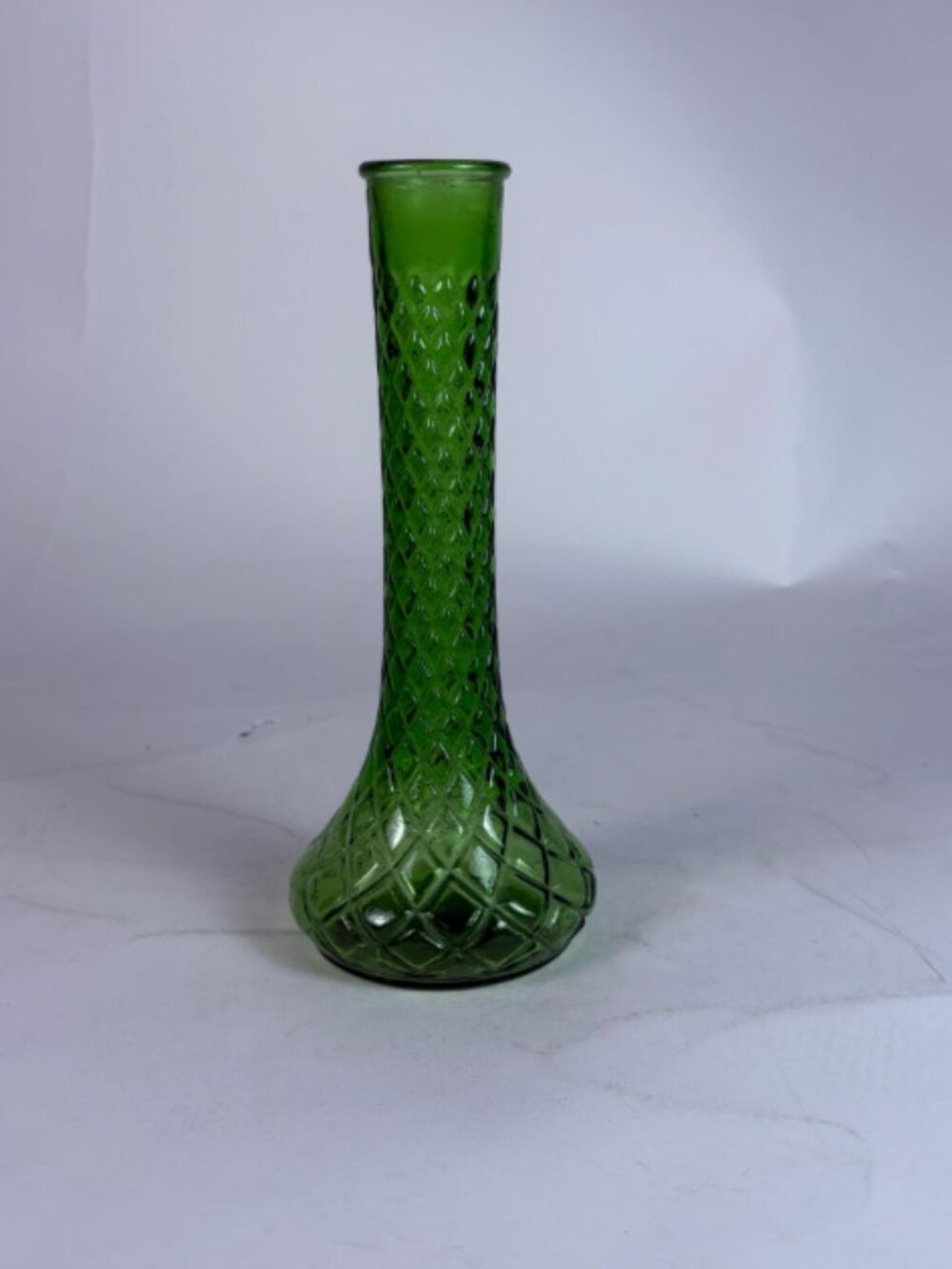 Vintage Green Glass Bud Vase Diamond Pattern Tall Retro Flower Vase Mid Century